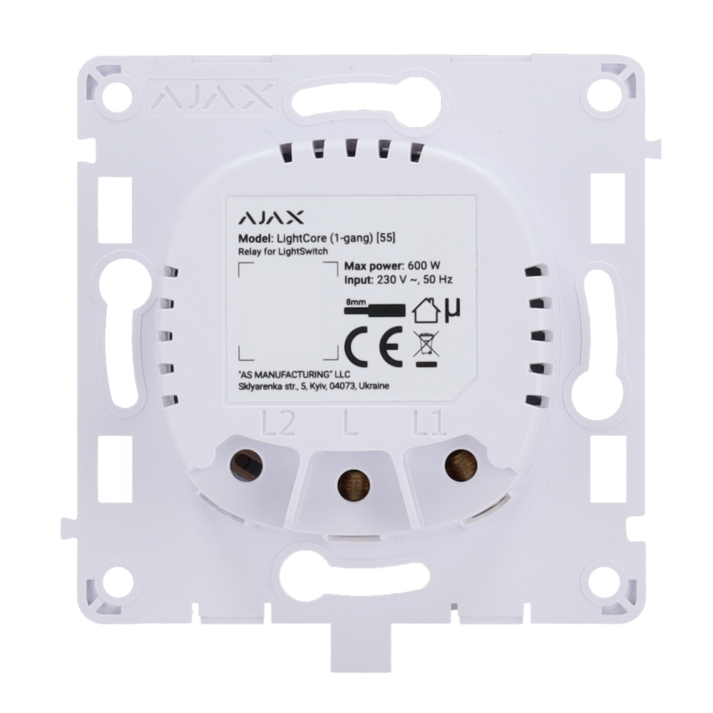 AJ-LIGHTCORE-1G.png Relé para interruptor de luz inteligente simple - Inalámbrico 868 MHz Jeweller - Alcance de comunicación hasta 1100 m - Alimentación 230 V AC 50 Hz - Sin necesidad de cable neutro - Ajax - LightSwitch LightCore (1 Gang) - Imagen 1